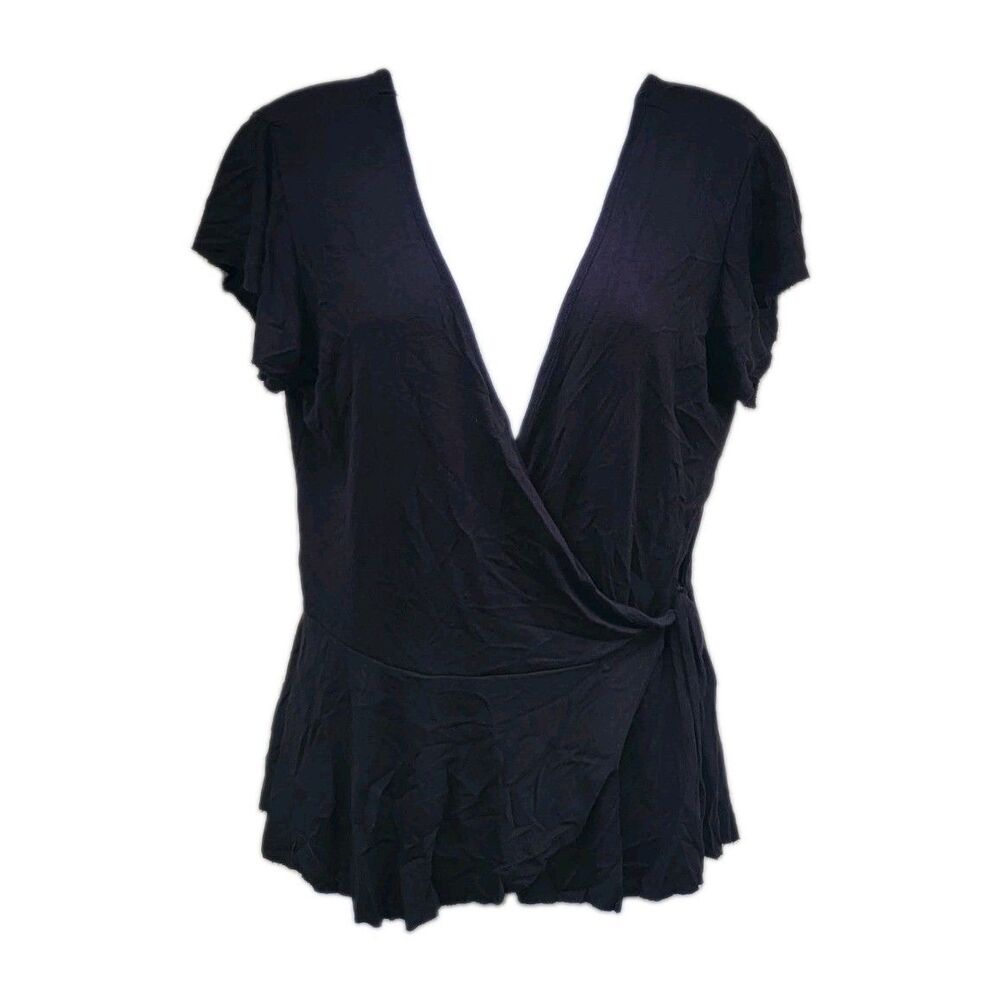 Womens Black V-Neckline Faux Wrap Top Sz M Medium Peplum Flutter Sleeve Academia